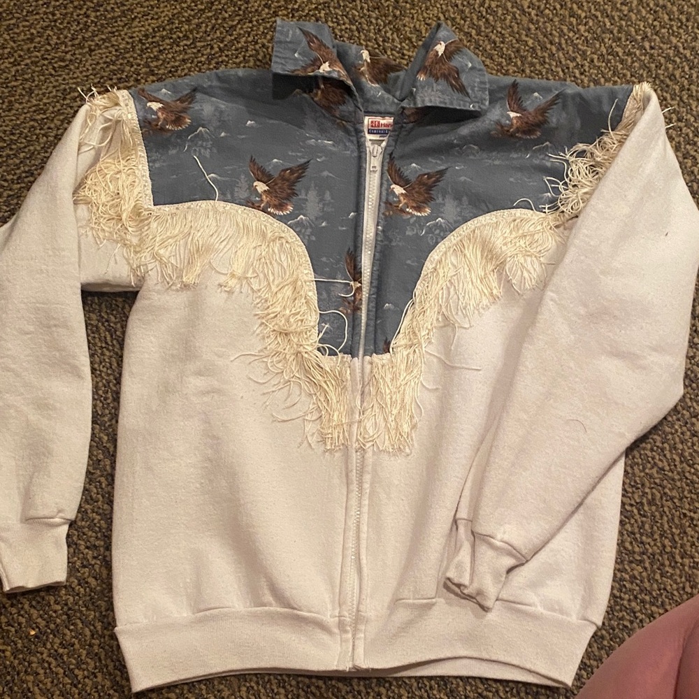 Hanes White and Gray Hoodie with Fringe and Bird Motif
